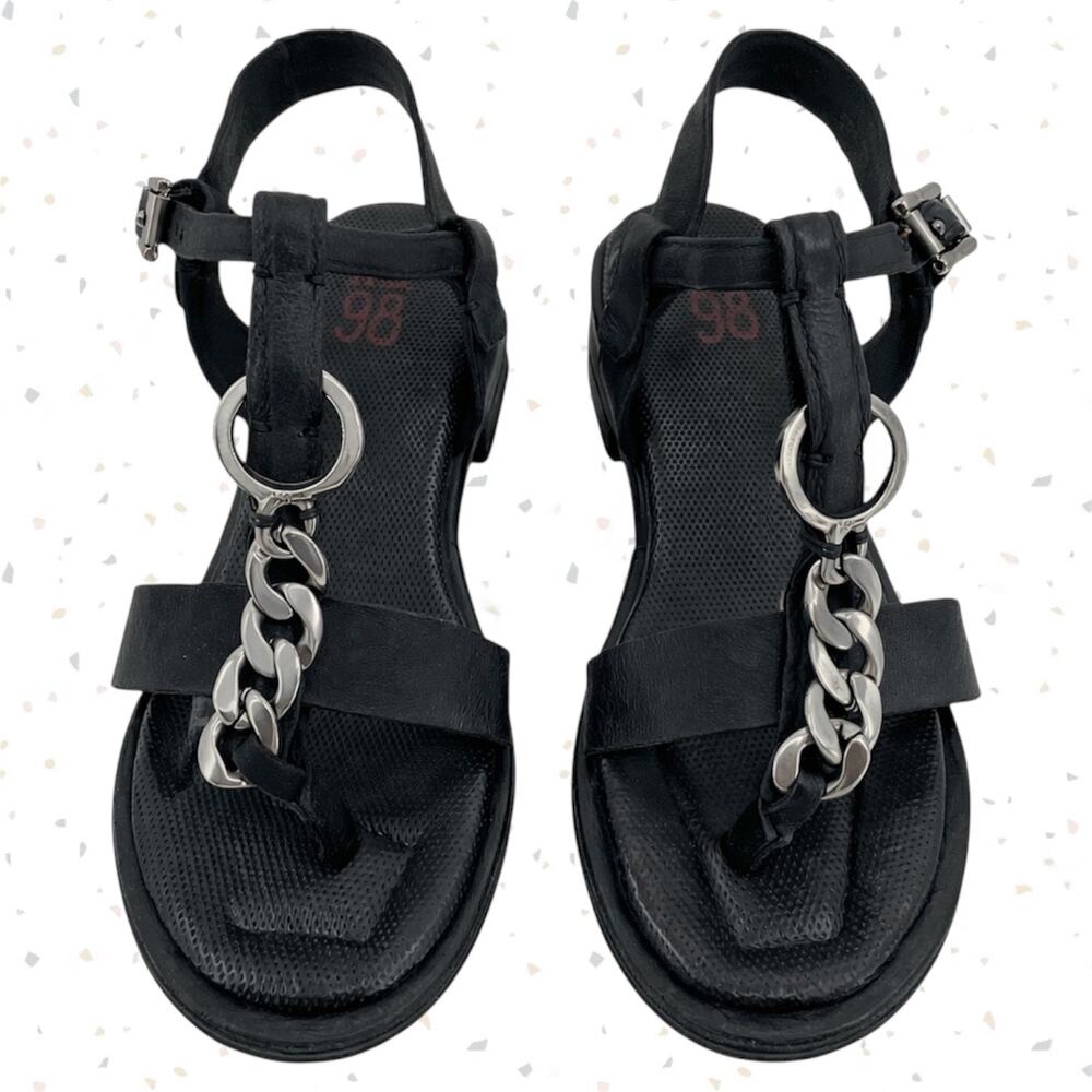 A.S.98 Black Leather Silver Chains Strappy Heeled Sandals Edgy Boho Size 39